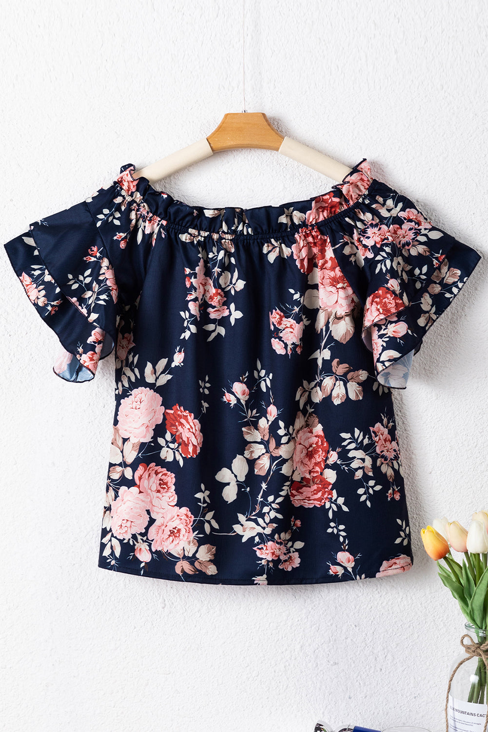 honeybee Mumford's Blue Ruffle Off Shoulder Flounce Sleeve Floral Blouse