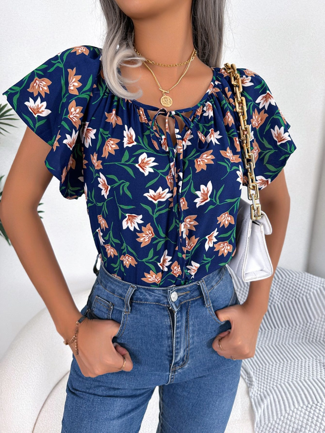 Honeybee Mumford's Floral Tie Neck Flutter Sleeve Blouse