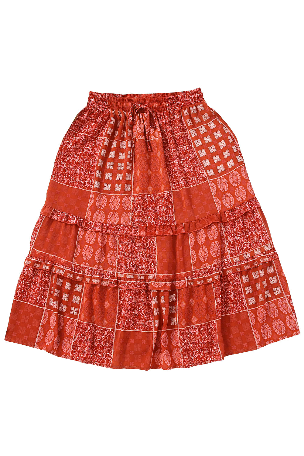 Honeybee Mumford's Fiery Red Bohemian Mix Print Long Flared Skirt