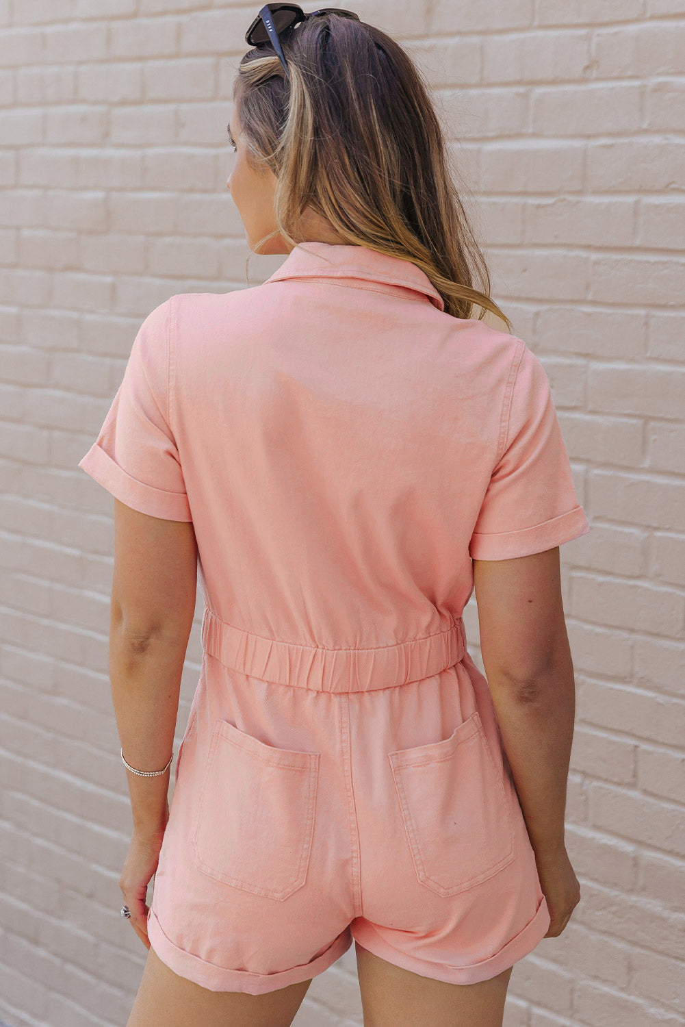 Honeybee Mumford's Pink Pocketed Button Down Denim Romper