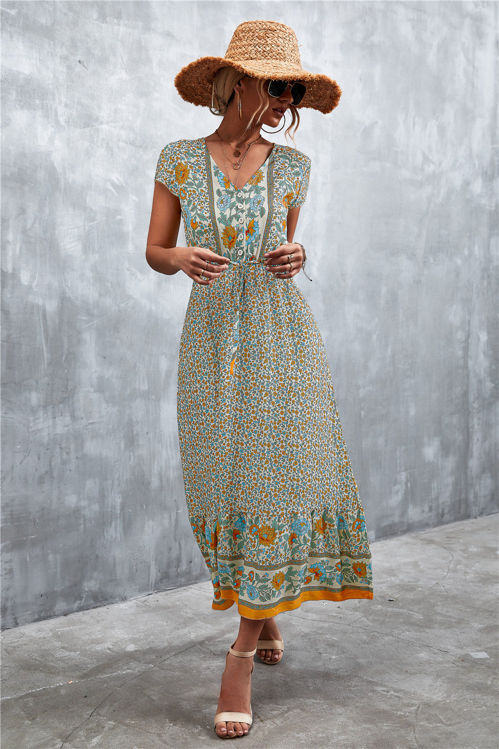 Honeybee Mumford's V-Neck Short Sleeve Maxi Dress