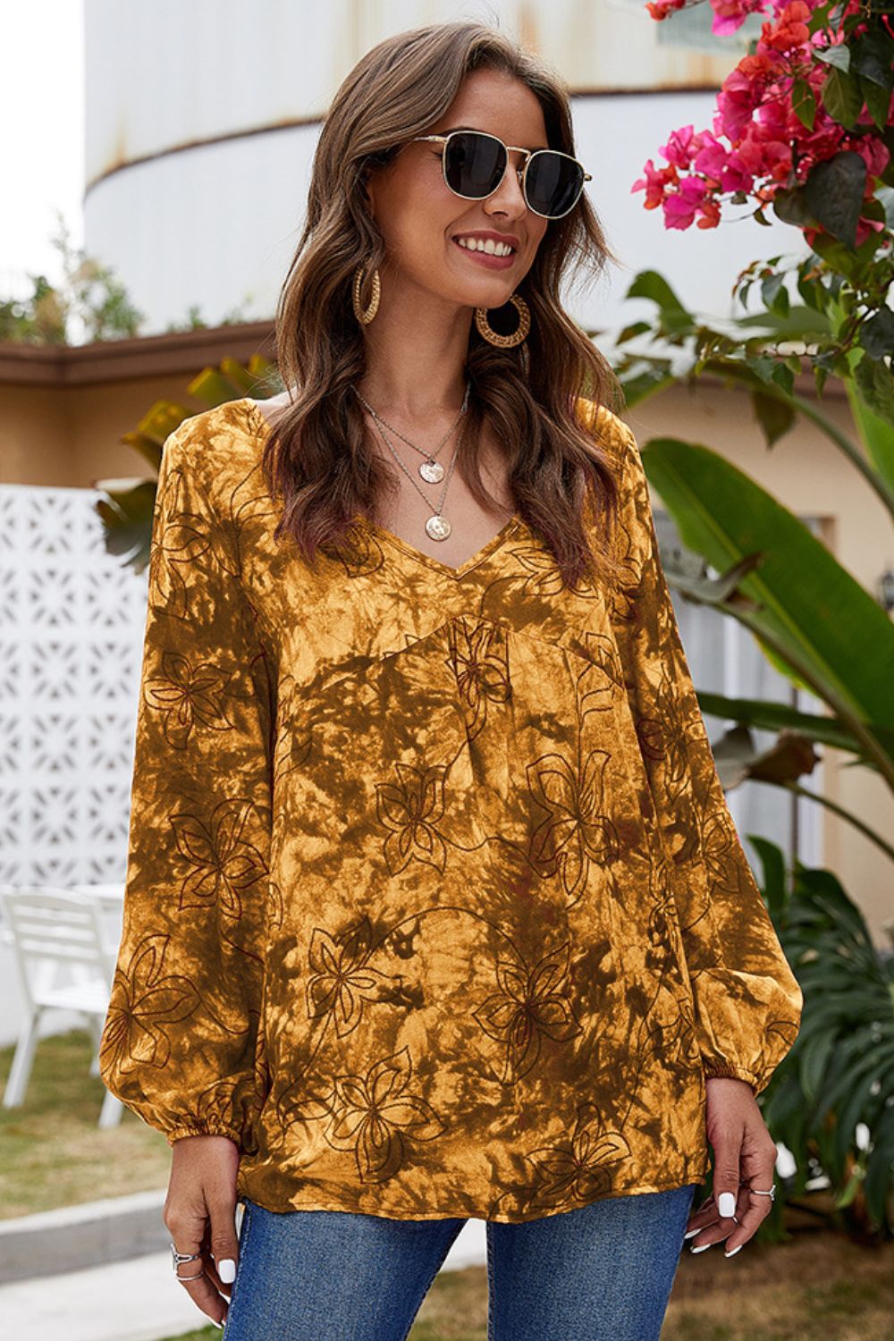 Honeybee Mumford's V-Neck balloon Sleeve Floral Blouse