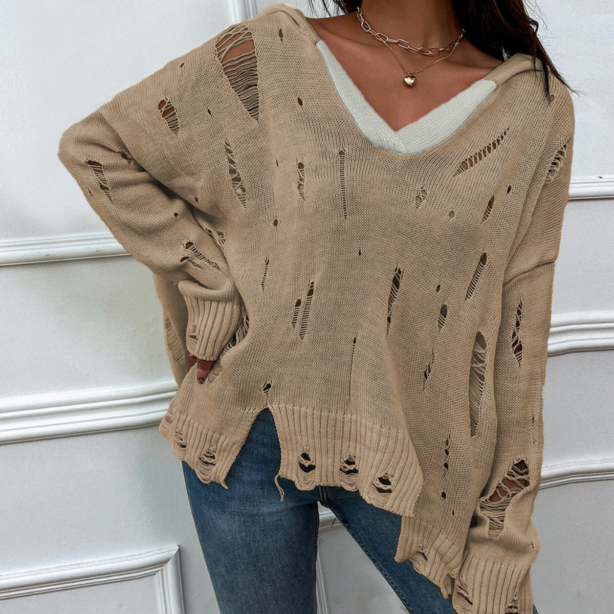 Honeybee Mumford's Distressed Slit Drop Shoulder Hooded Sweater