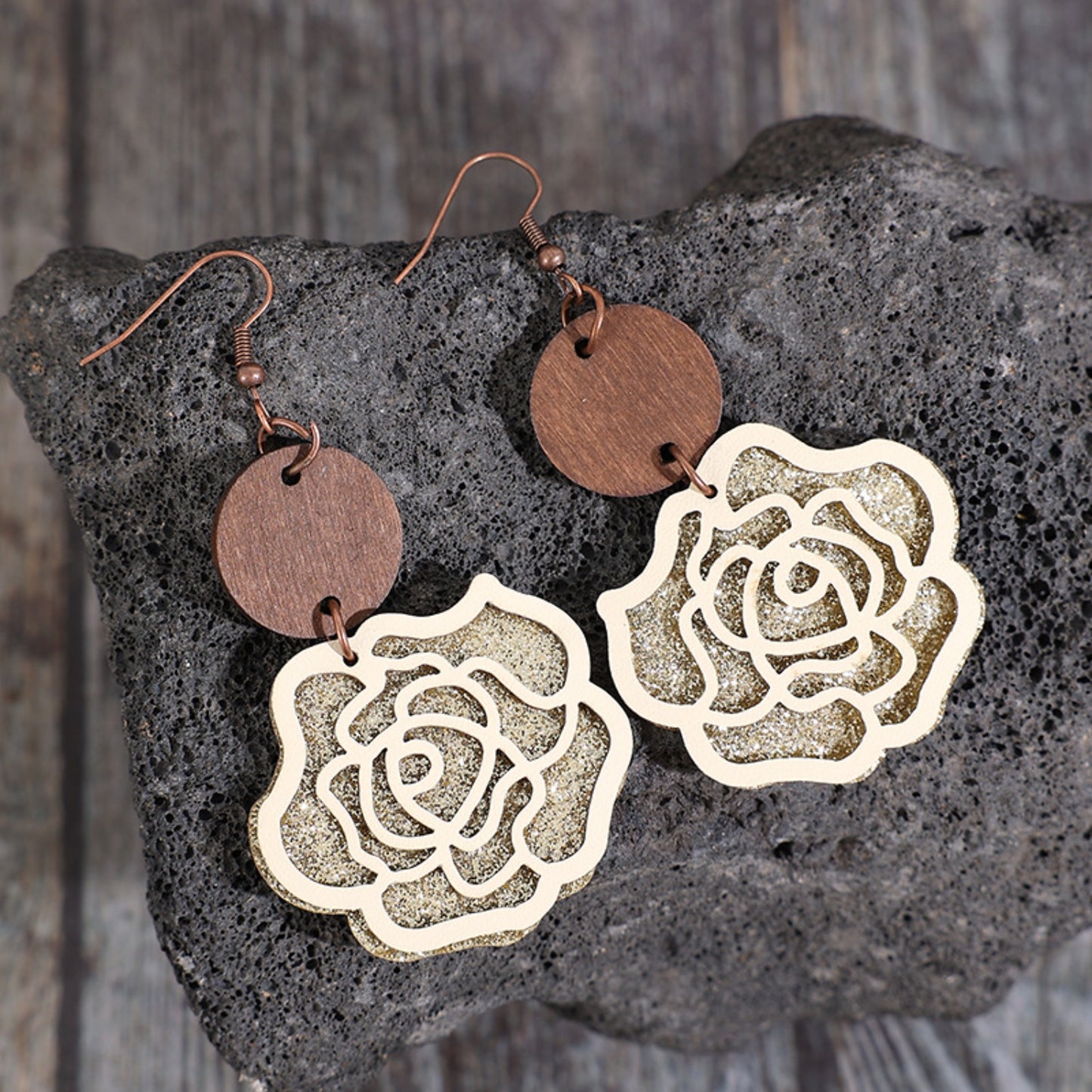 honeybee Mumford's Wooden Alloy Rose Shape Dangle Earrings