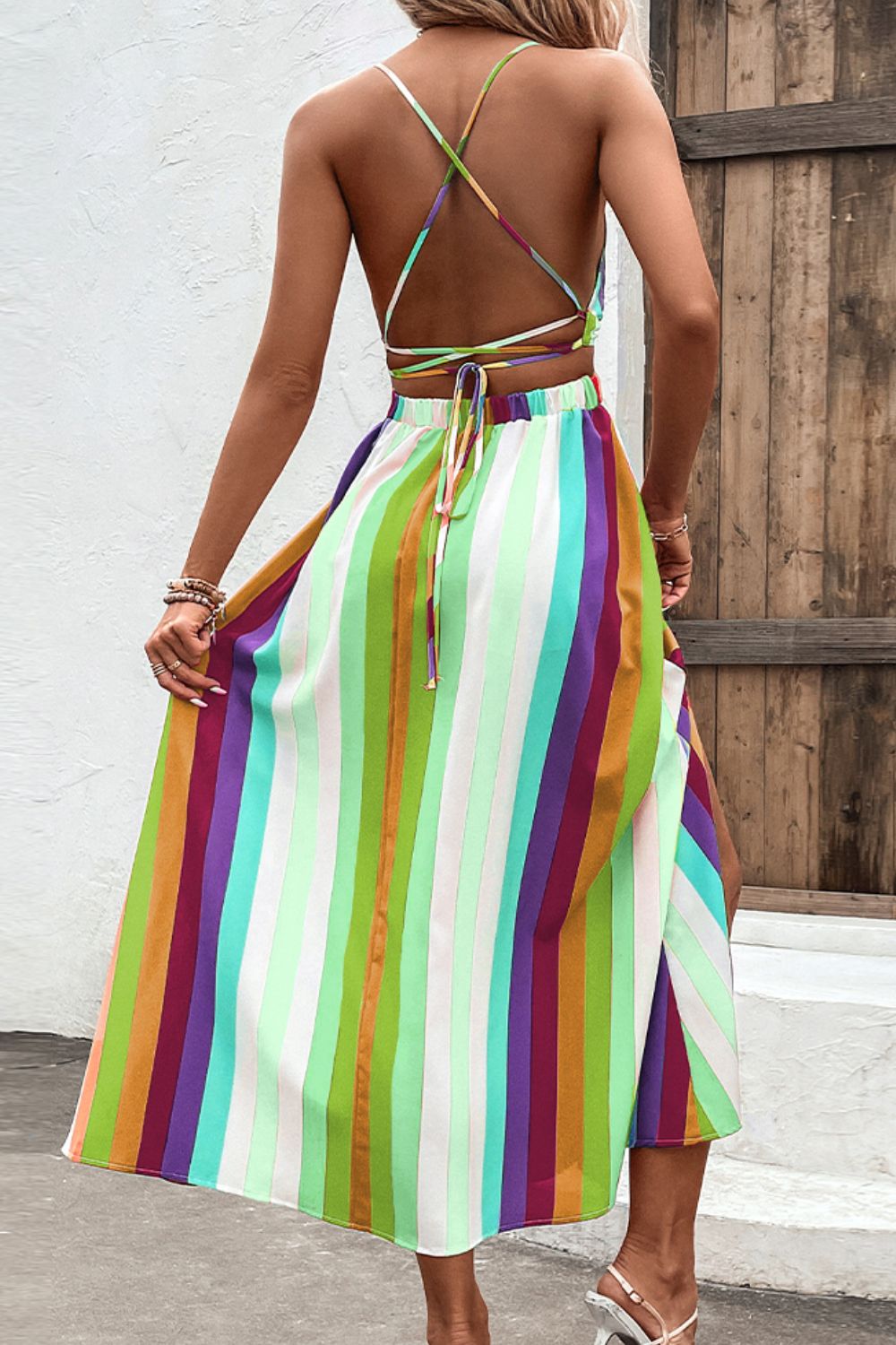 Honeybee Mumford's Multicolored Stripe Crisscross Backless Dress