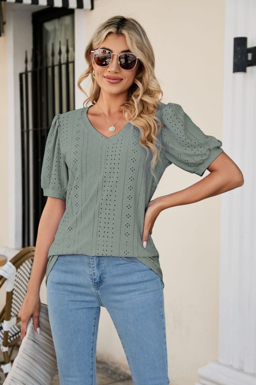 Honeybee Mumford's Eyelet Puff Sleeve V-Neck Top