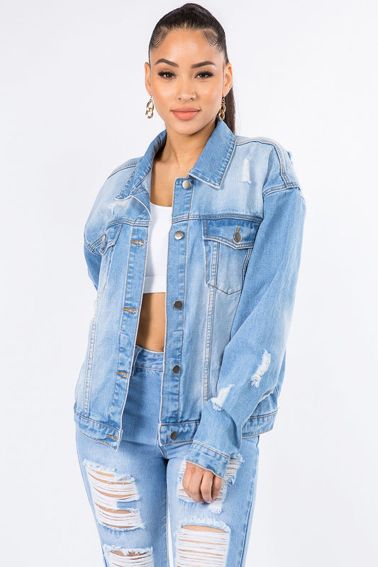 Honeybee Mumford's Graphic Distressed Long Sleeve Denim Jacket