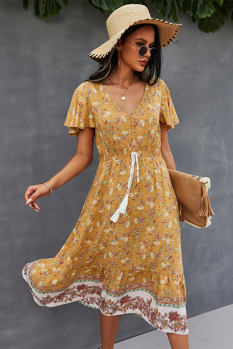 Honeybee Mumford's Casual Bohemian V-Neck Flutter Sleeve Dress