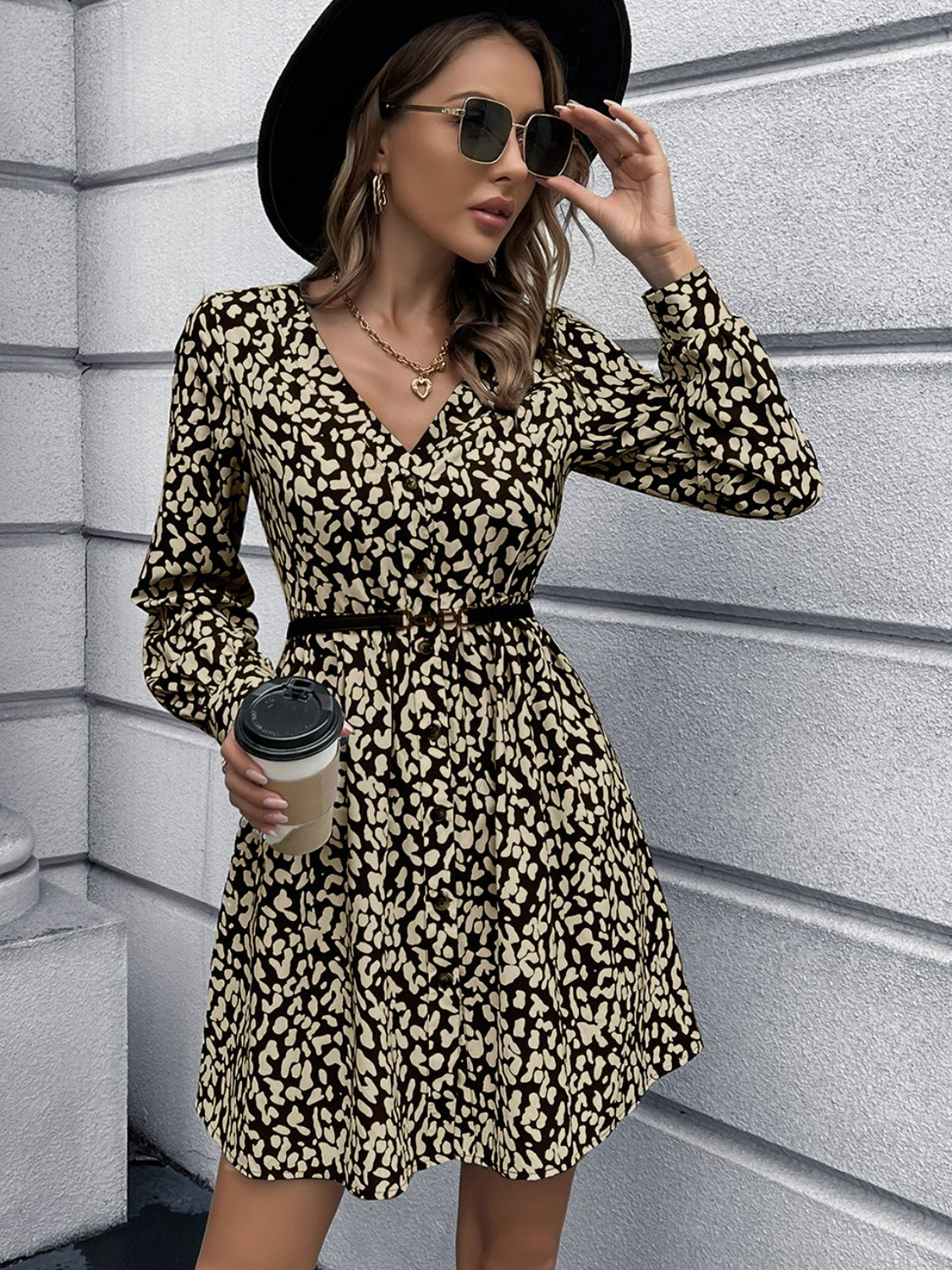 Honeybee Mumford's Animal Print Buttoned V-Neck Long Sleeve Dress