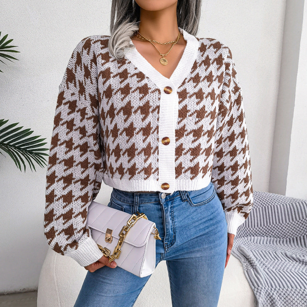 Honeybee Mumford's Houndstooth V-Neck Dropped Shoulder Cropped Cardigan