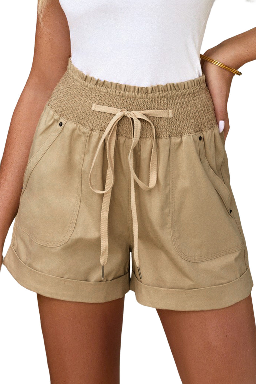 Honeybee Mumford's Khaki Drawstring Shirred High Waist Casual Shorts