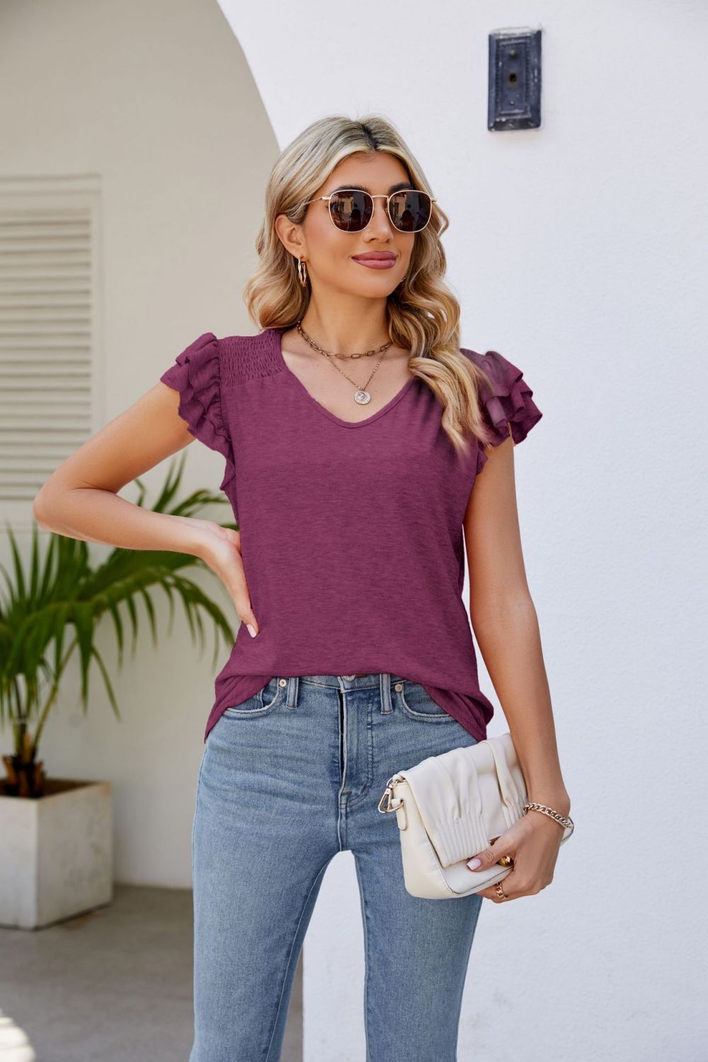 Honeybee Mumford's Smocked Flutter Sleeve V-Neck Top