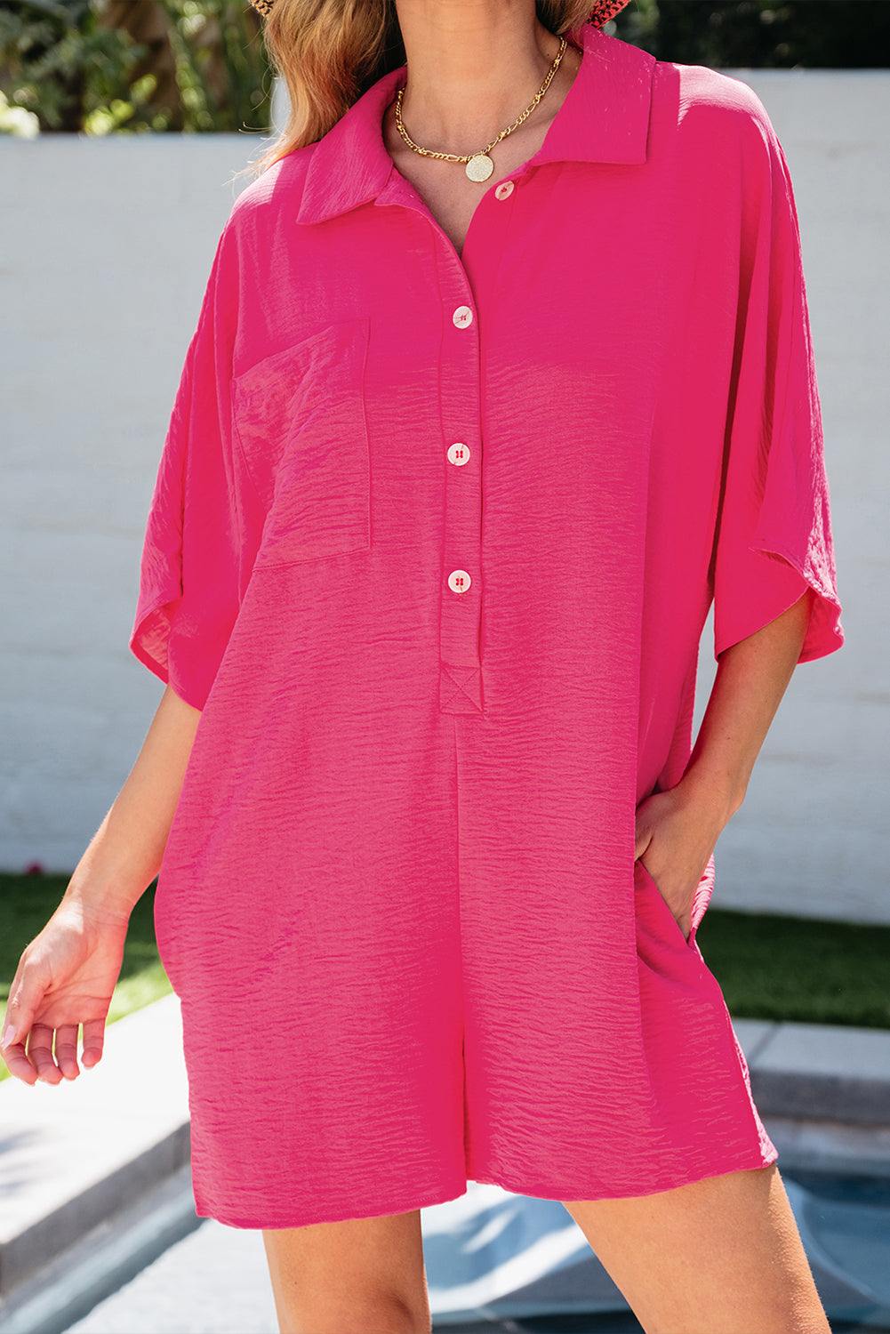 Honeybee Mumford's Honeybee Mumford's Bright Pink Half Button Collared Loose Romper