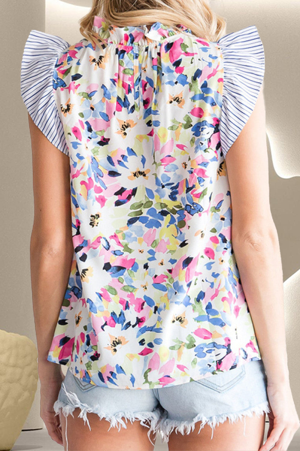 Honeybee Mumford's Ruffled Printed Mock Neck Cap Sleeve Blouse