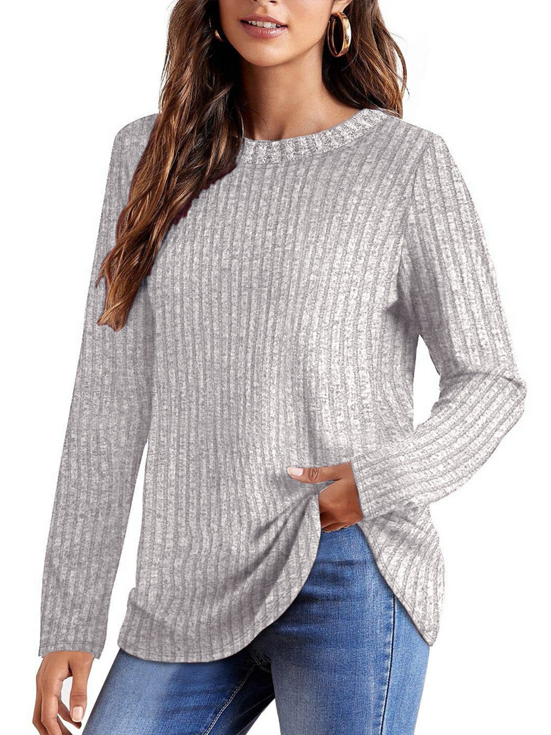 Honeybee Mumford's Ribbed Round Neck Long Sleeve Blouse