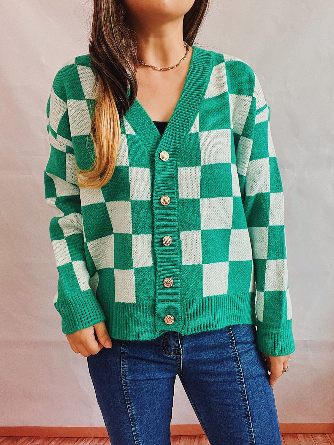 Honeybee Mumford's Checkered Open Front Button Up Cardigan