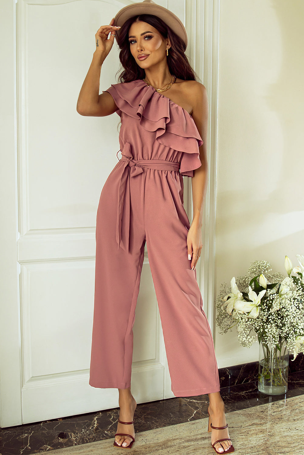 honeybee Mumford's Dusty Pink One Shoulder Ruffle Trim Belted Jumpsuit