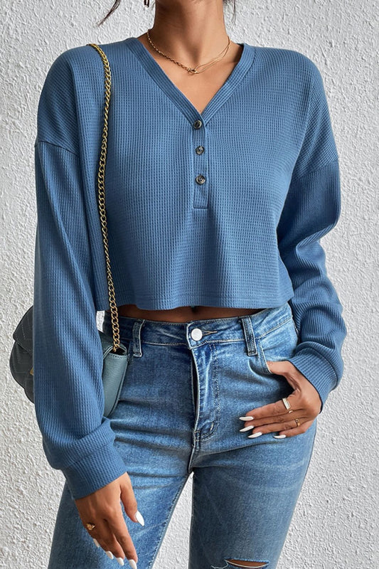 Honeybee Mumford's Cropped V-Neck Raglan Sleeve Buttoned Blouse