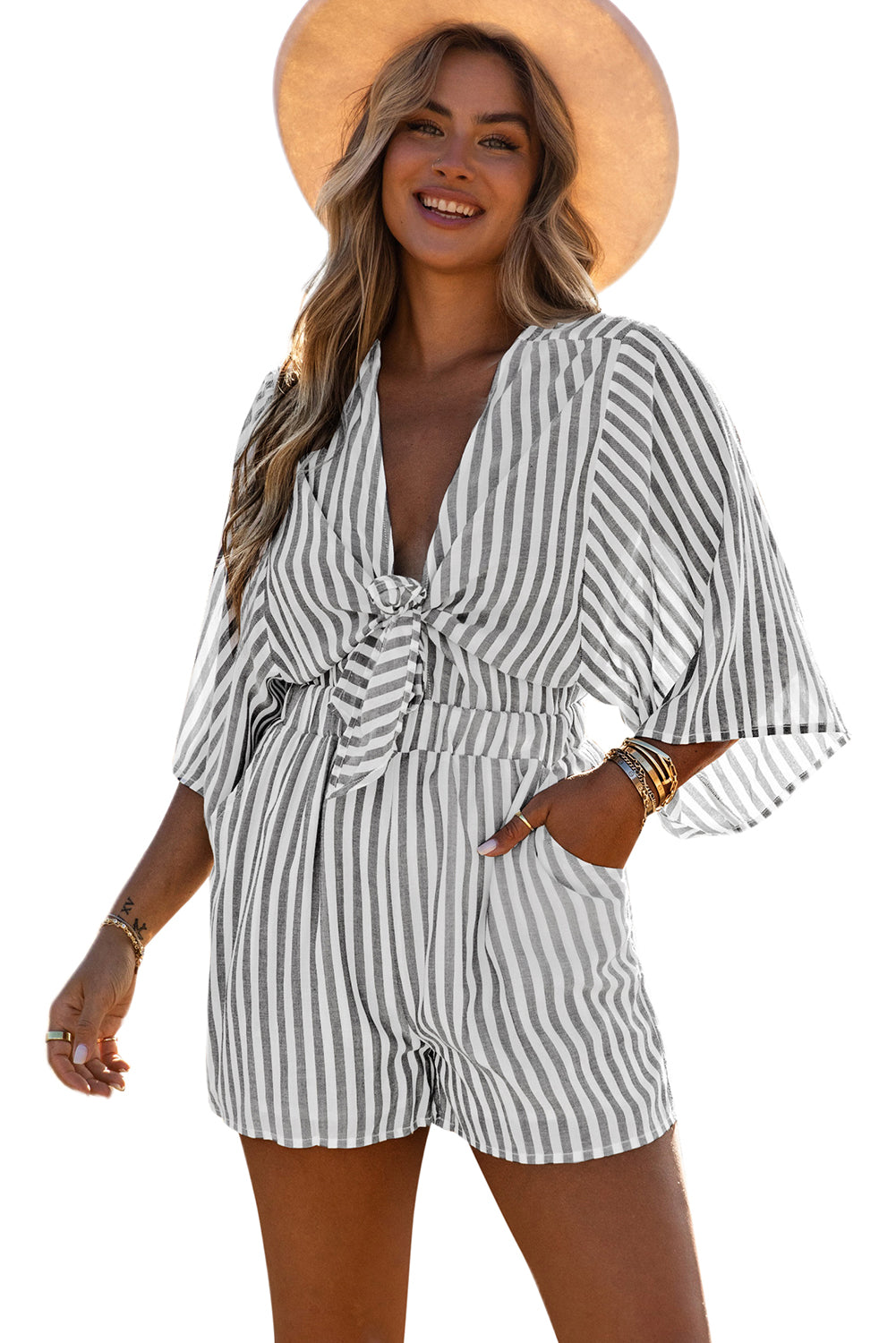 Honeybee Mumford's Gray 3/4 Wide Kimono Sleeves Tie Front Striped Romper with Pockets