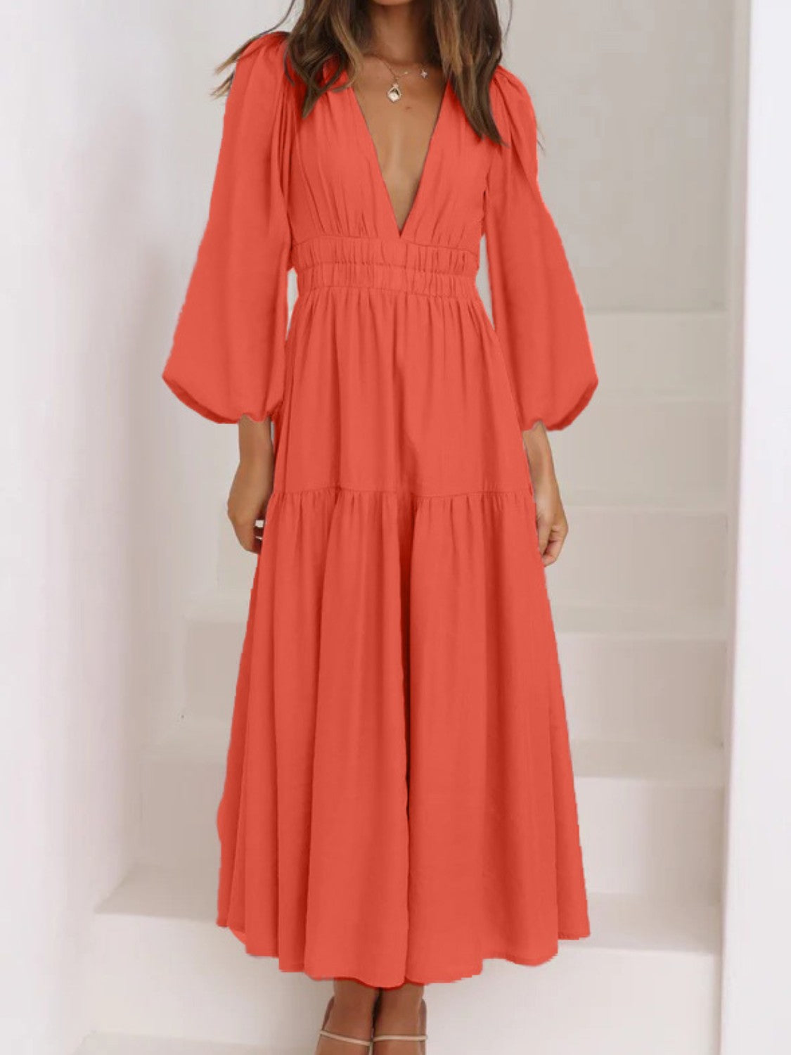 Honeybee Mumford's Deep V-Neck Balloon Sleeve Plain Maxi Dress