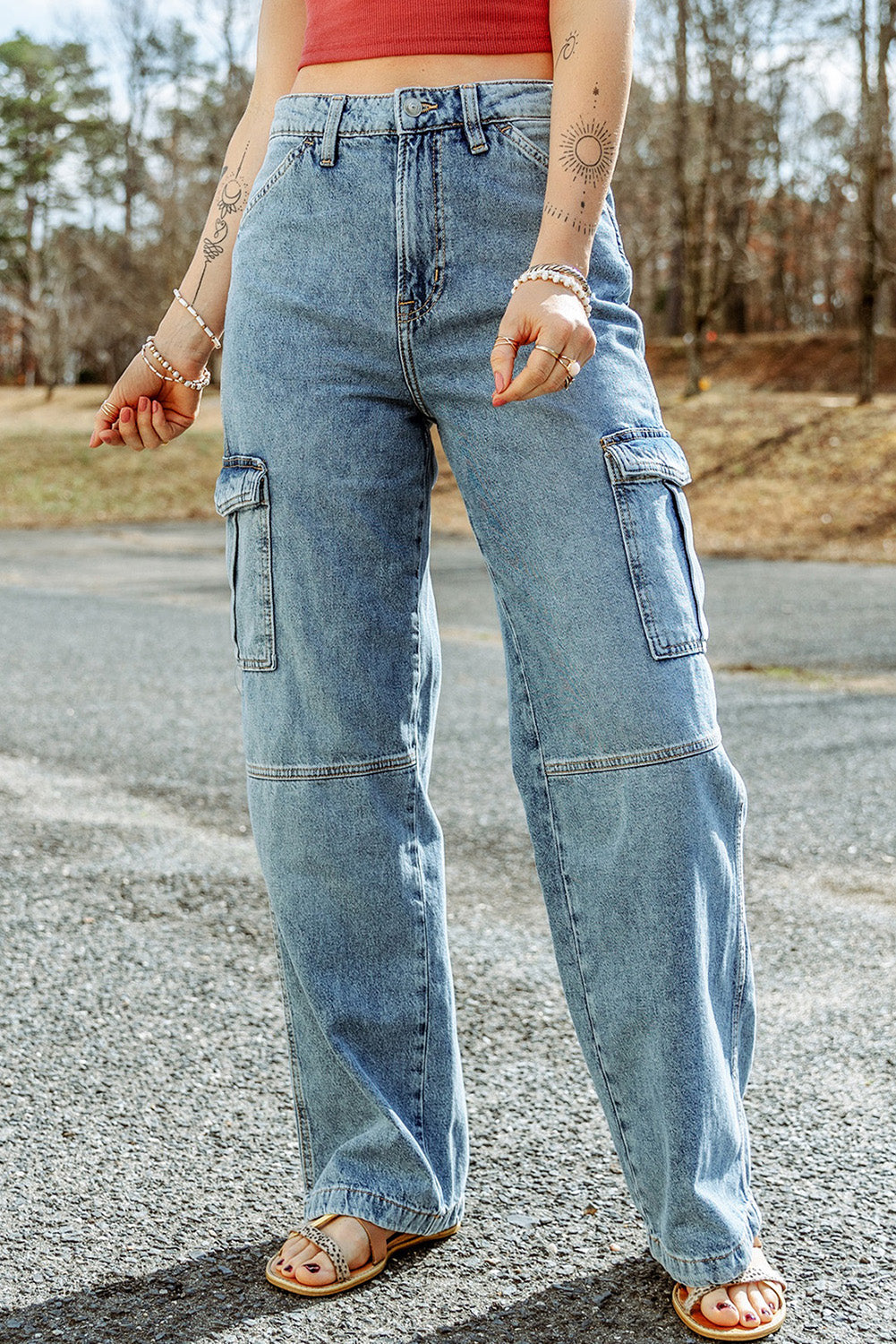 Honeybee Mumford's Sky Blue Cool Cargo Style Wide Leg Jeans