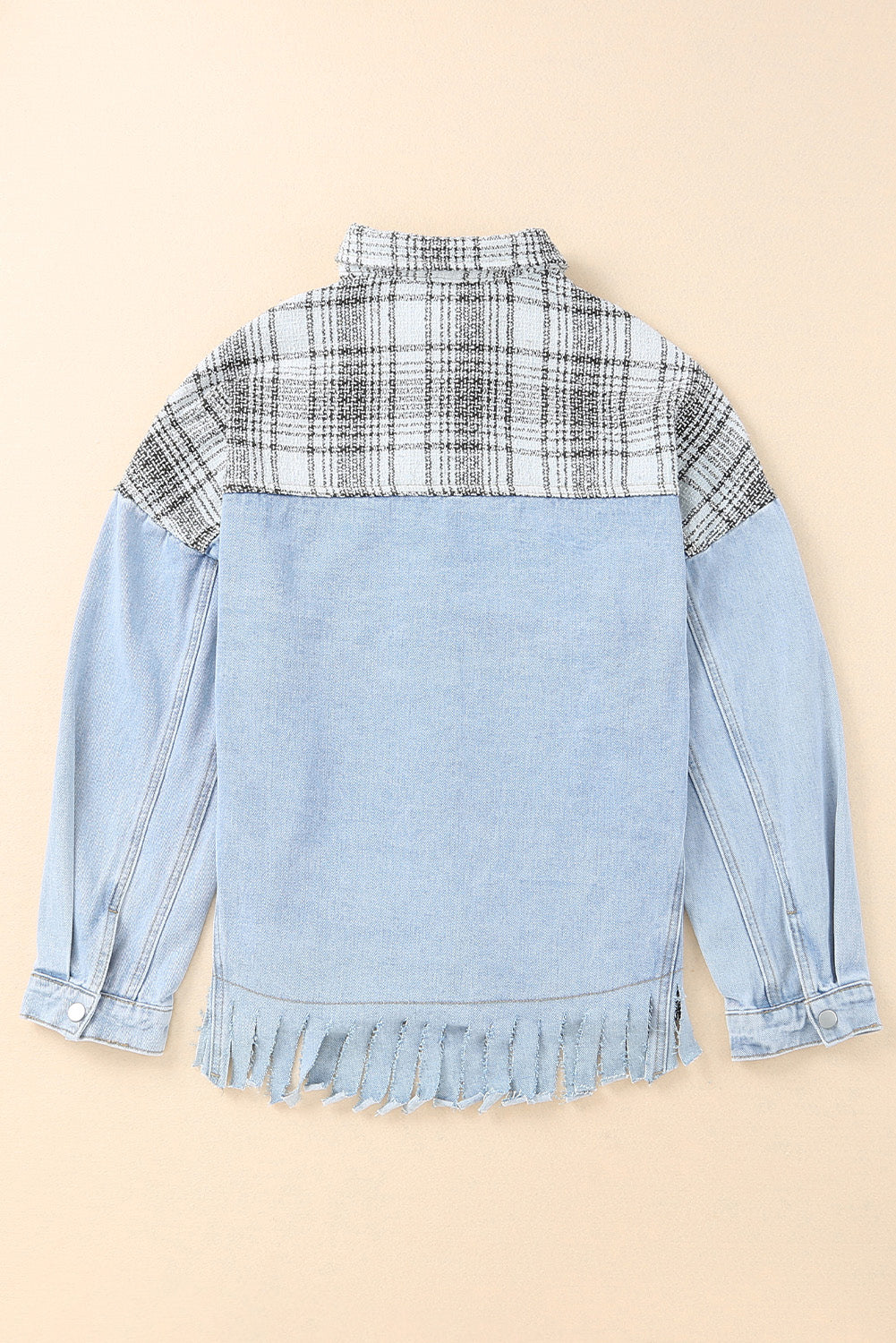 Honeybee Mumford's Sky Blue Plaid Patchwork Fringed Flap Pockets Denim Jacket