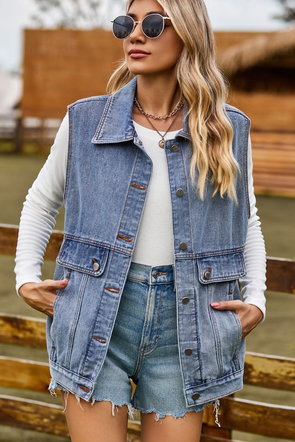 Honeybee Mumford's Sleeveless Collared Neck Denim Top with Pockets