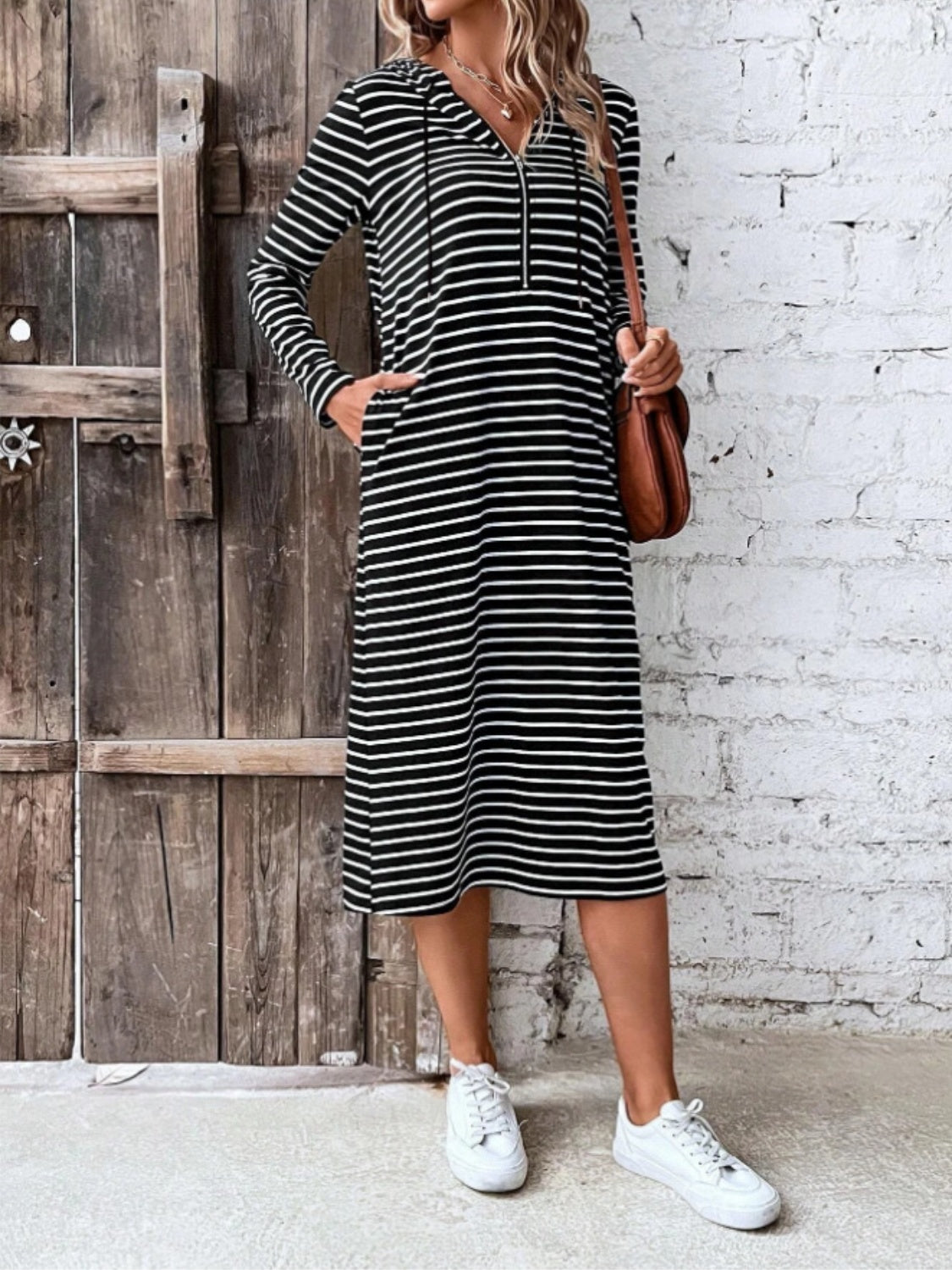 Honeybee Mumford's Striped Zip Front Hooded Dress