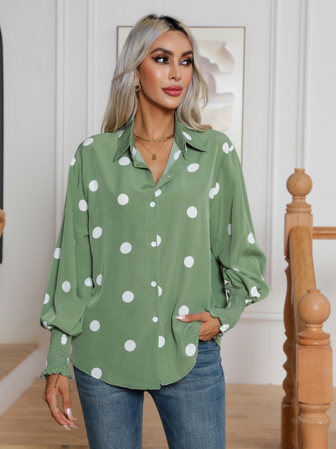 Honeybee Mumford's Polka Dot Collared Neck Buttoned Lantern Sleeve Shirt