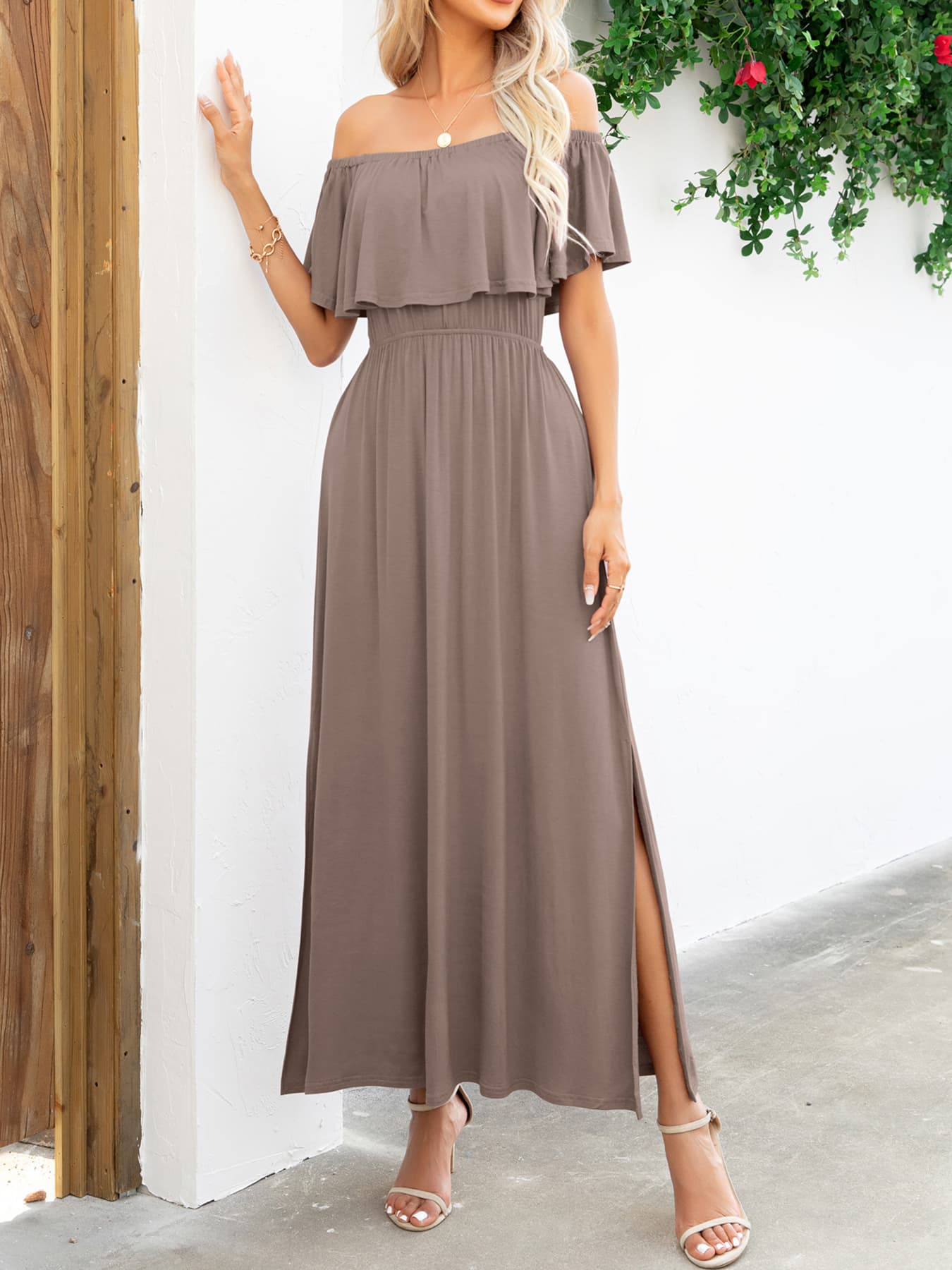 Honeybee Mumford's Off-Shoulder Slit Maxi Dress