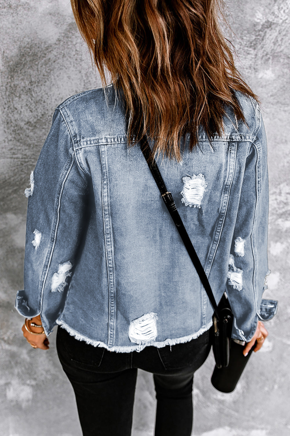 Honeybee Mumford's Blue Lapel Distressed Raw Hem Buttons Denim Jacket