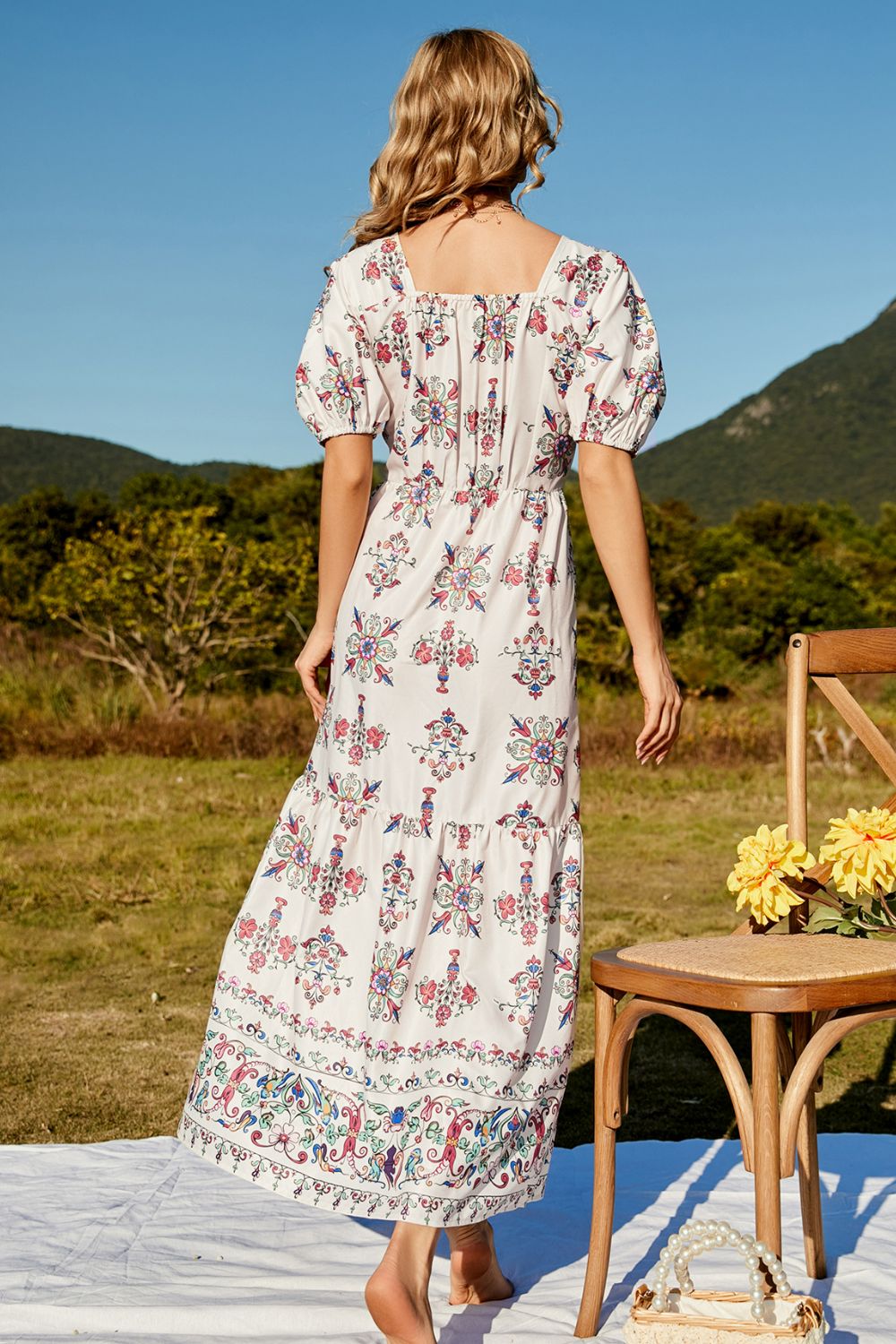 Honeybee Mumford's Casual Floral Ruched Puff Sleeve Tiered Maxi Dress