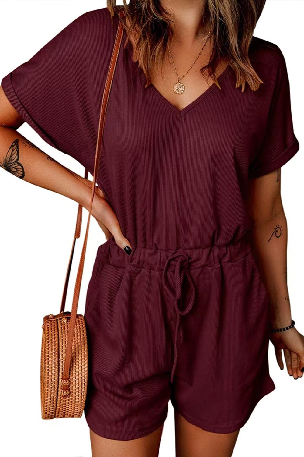 Honeybee Mumford's Full Size Drawstring V-Neck Short Sleeve Romper