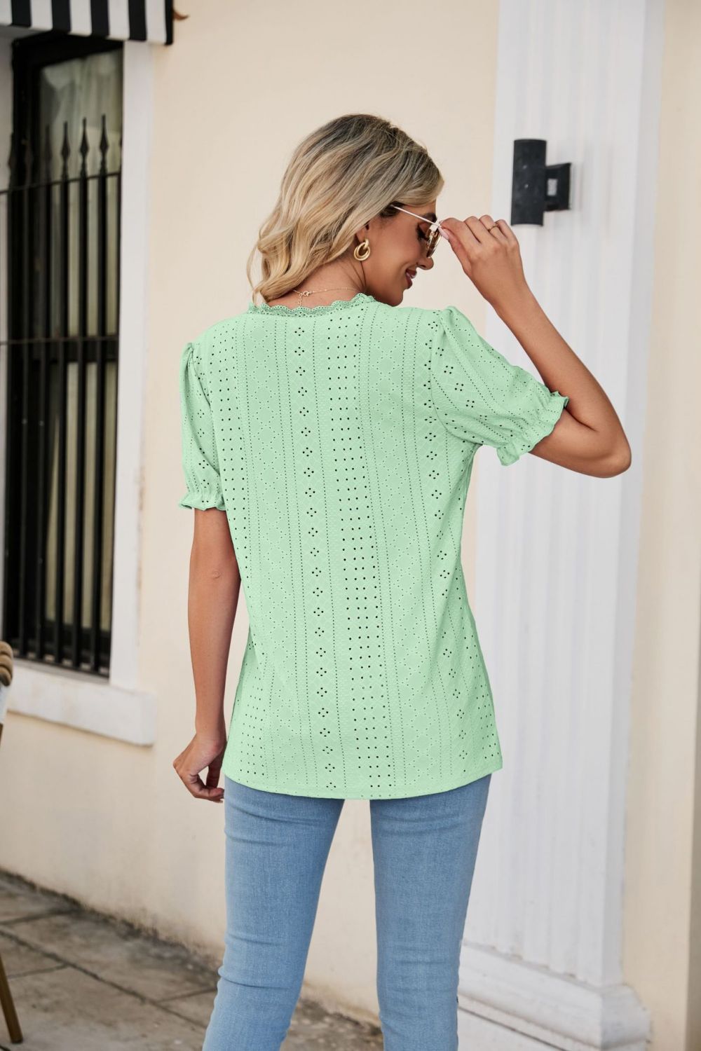 Honeybee Mumford's Eyelet Flounce Sleeve Scalloped V-Neck Top