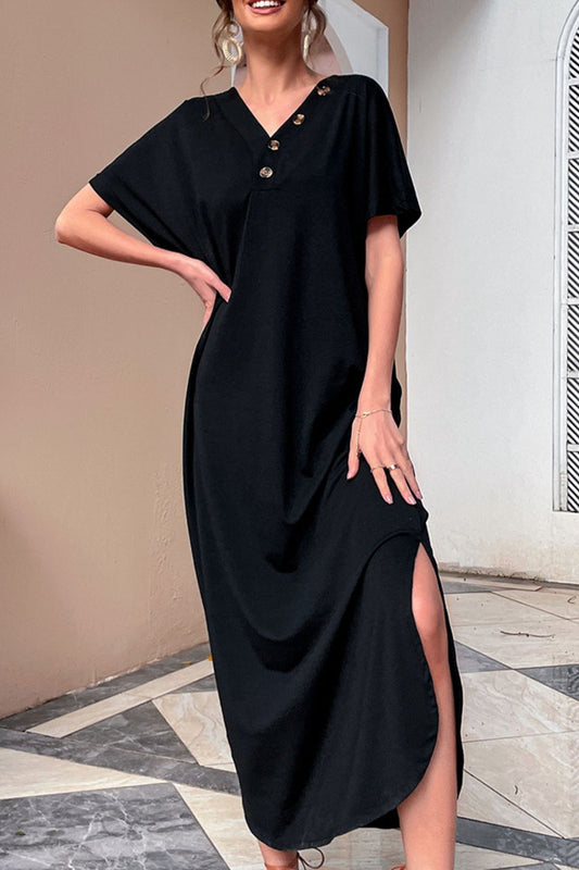 Honeybee Mumford's Decorative Button V-Neck Slit Maxi Dress