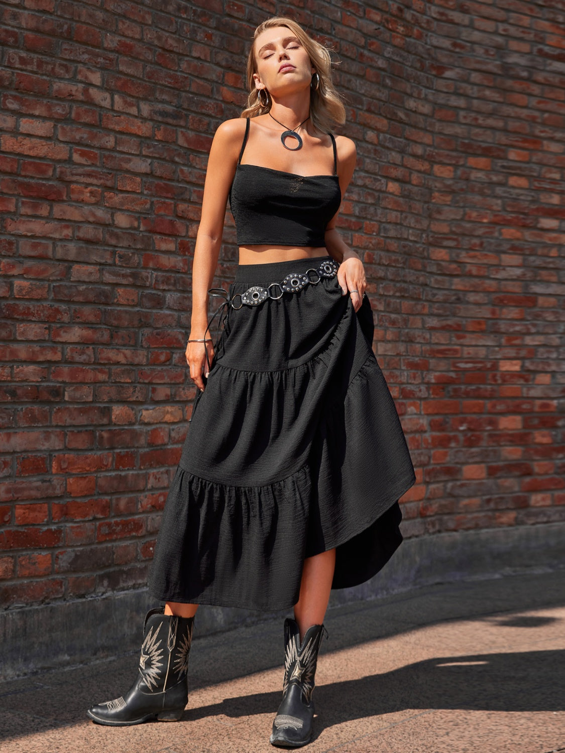 Honeybee Mumford's Elastic Waist Tiered Midi Skirt