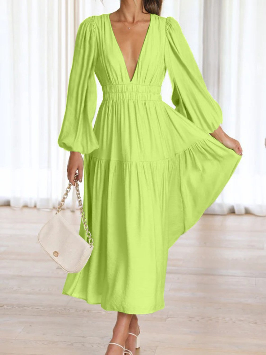 Honeybee Mumford's Deep V-Neck Balloon Sleeve Plain Maxi Dress