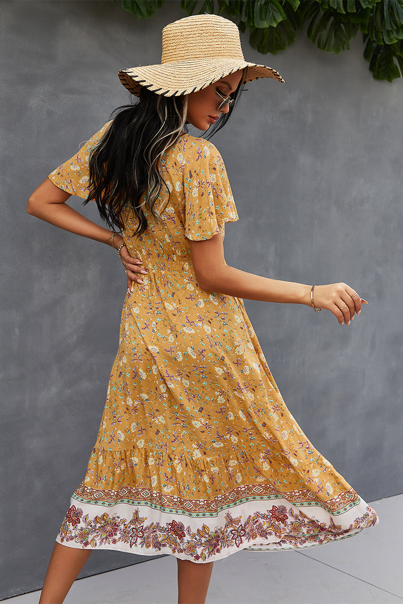 Honeybee Mumford's Casual Bohemian V-Neck Flutter Sleeve Dress