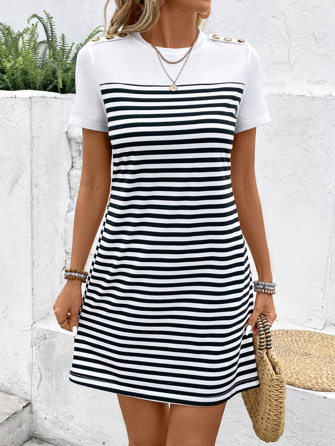 Honeybee Mumford's Striped Round Neck Short Sleeve Mini Tee Dress