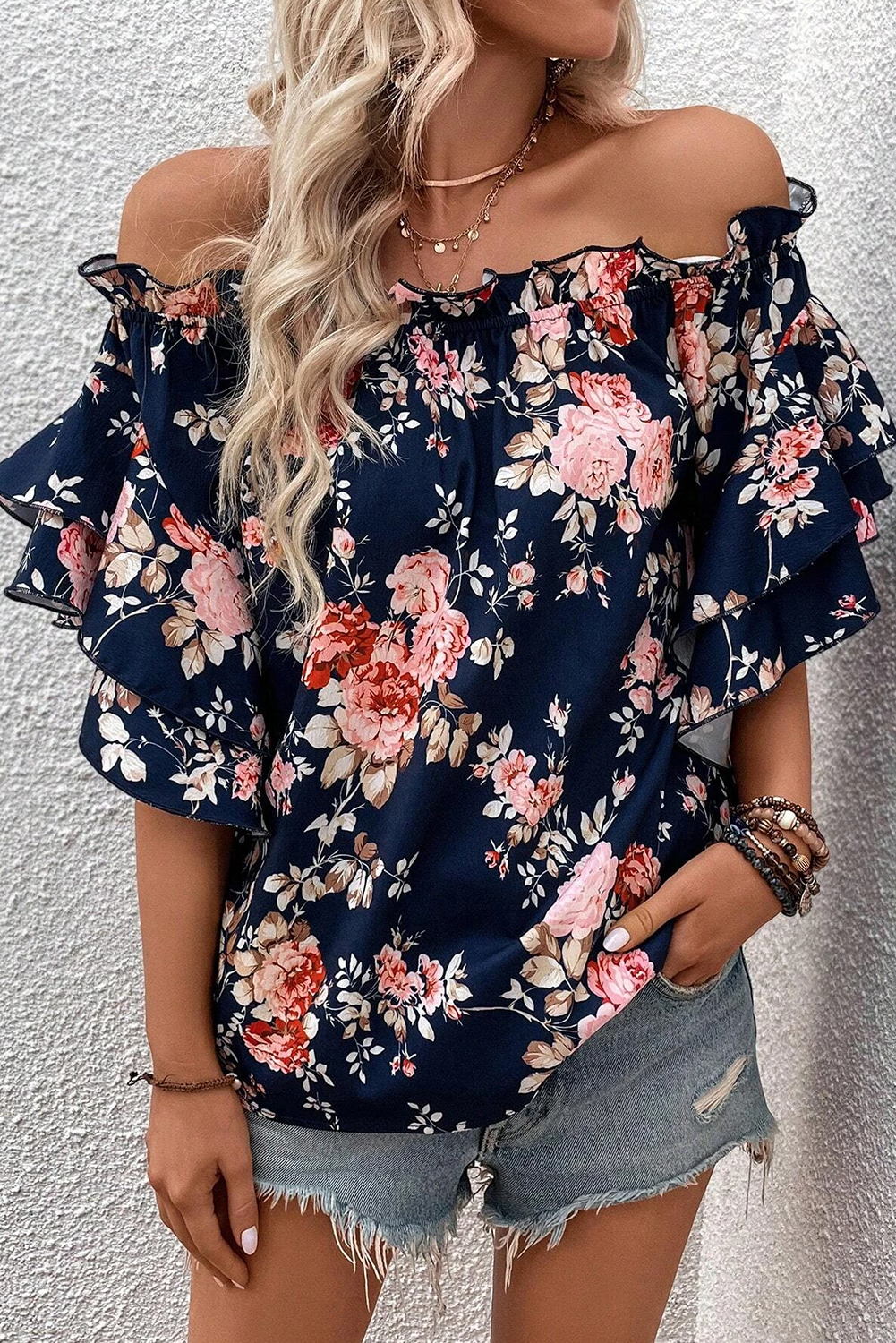 honeybee Mumford's Blue Ruffle Off Shoulder Flounce Sleeve Floral Blouse