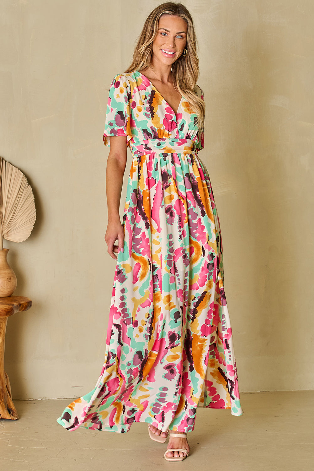 Honeybee Mumford's Pink Boho Tie-dye Print V Neck Maxi Dress