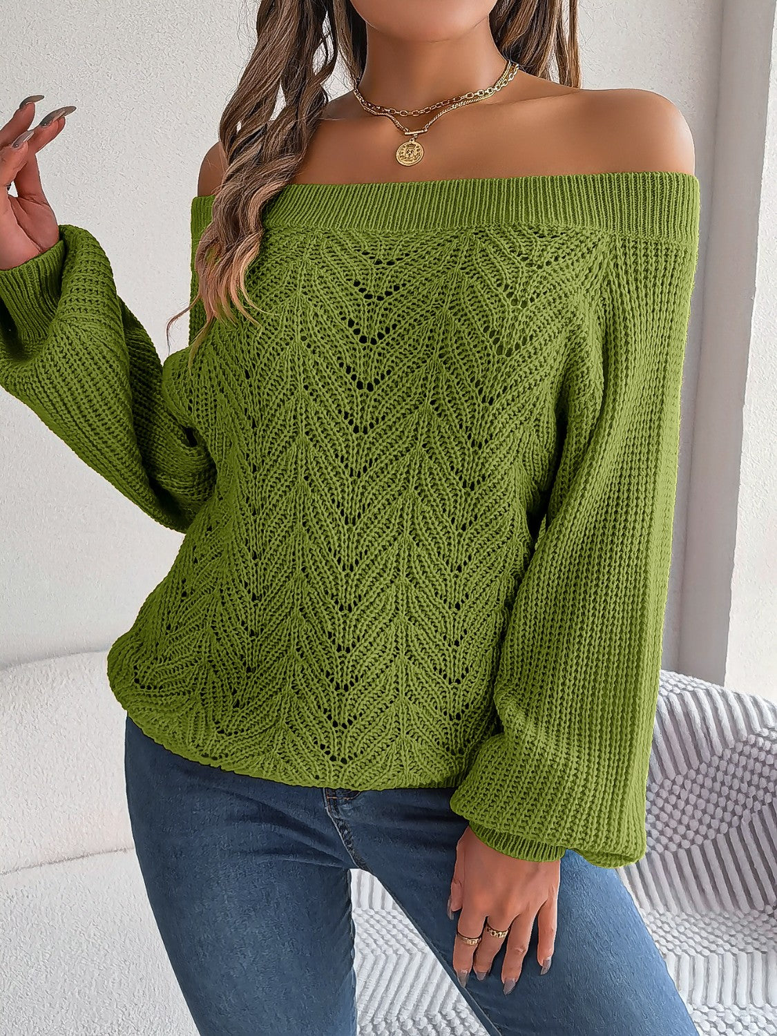 Honeybee Mumford's Openwork Off-Shoulder Long Sleeve Sweater