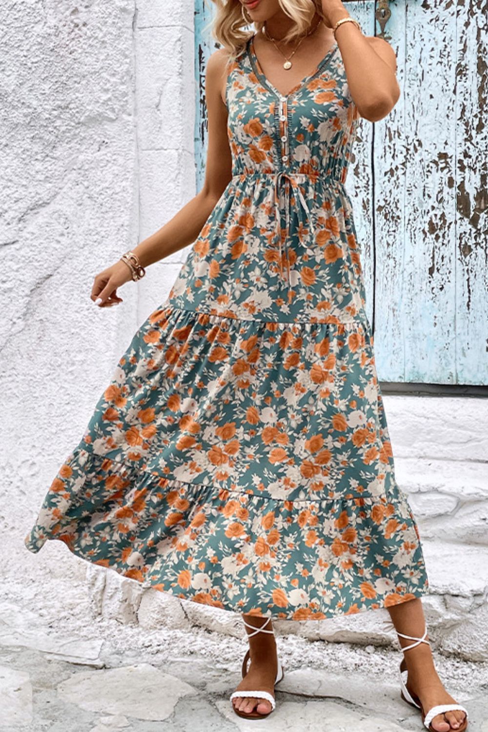 Honeybee Mumford's Floral V-Neck Tiered Sleeveless Dress