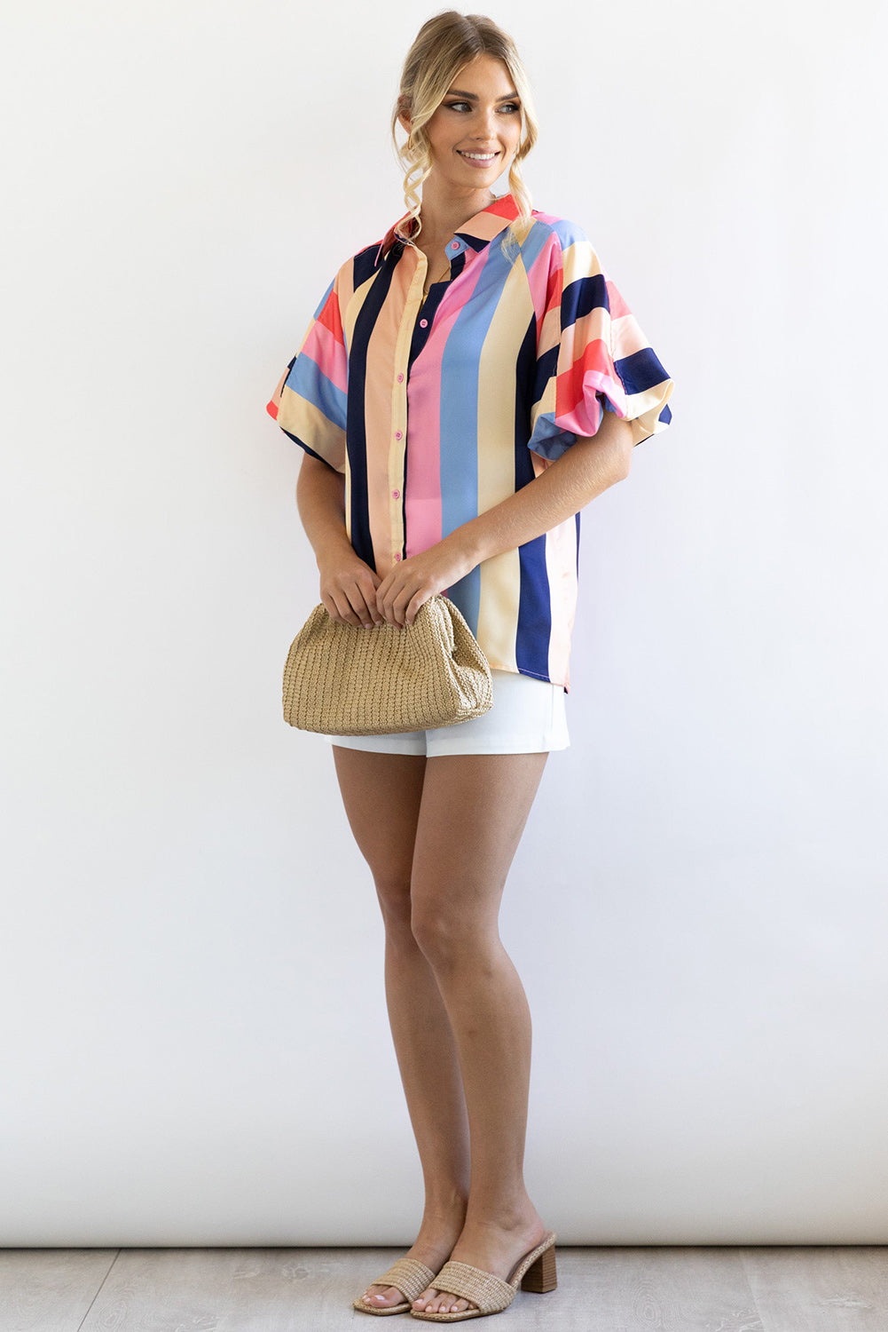 honeybee Mumford's Multicolor Color Block Striped Puff Sleeve Buttoned Shirt