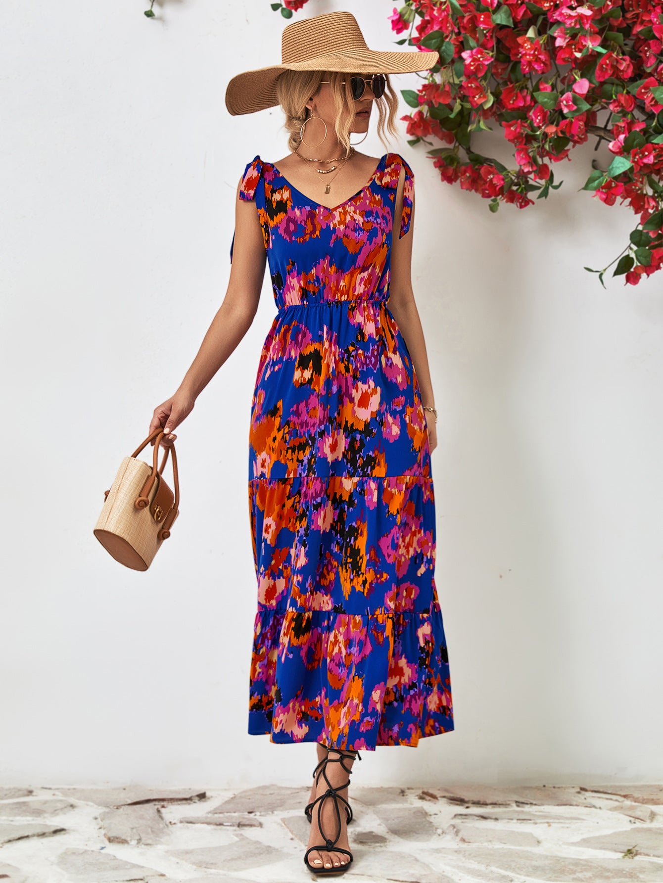 Honeybee Mumford's Multicolored V-Neck Backless Midi Dress