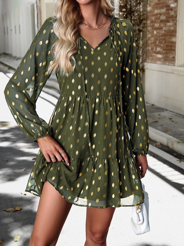 Honeybee Mumford's Tie Neck Long Sleeve Polka Dot short Dress