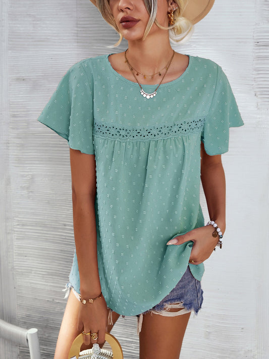 Honeybee Mumford's Lace Detail Round Neck Short Sleeve Blouse