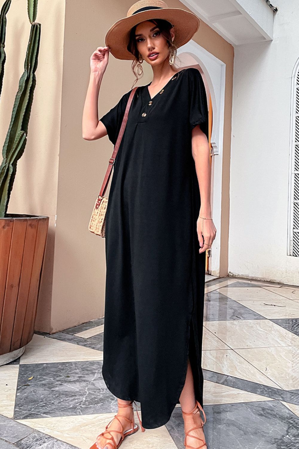 Honeybee Mumford's Decorative Button V-Neck Slit Maxi Dress