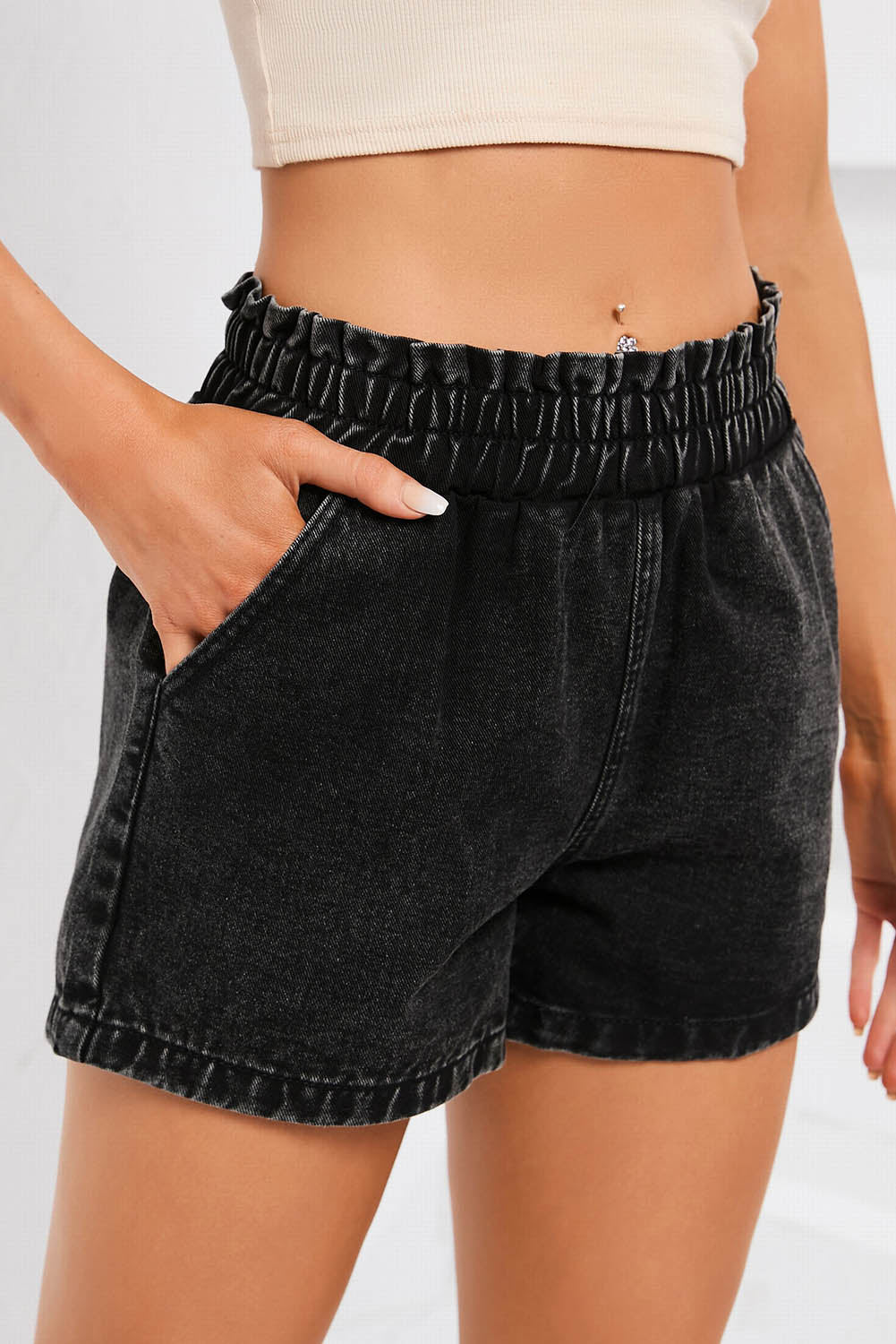 Honeybee Mumford's Black Retro Bleach-washed Ruffled Elastic High Waist Denim Shorts