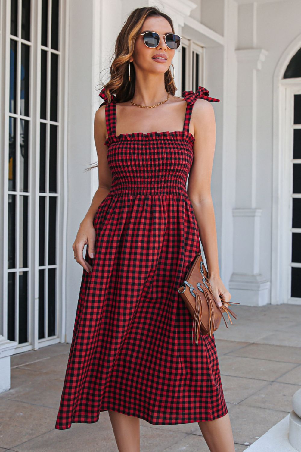 Honeybee Mumford's Plaid Frill Trim Tie Shoulder Dress